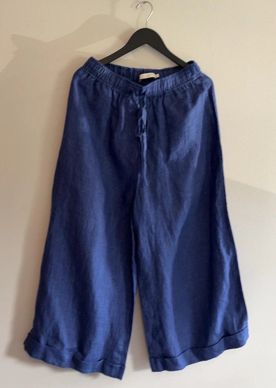 7115 By Szeki Pants Womens L Blue Linen Cropped Wide Leg Drawstring Casual